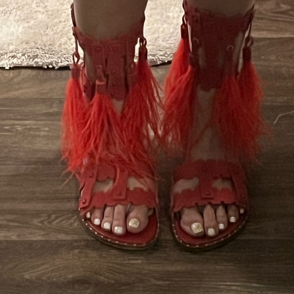 Red Feathered Women's Sandals
